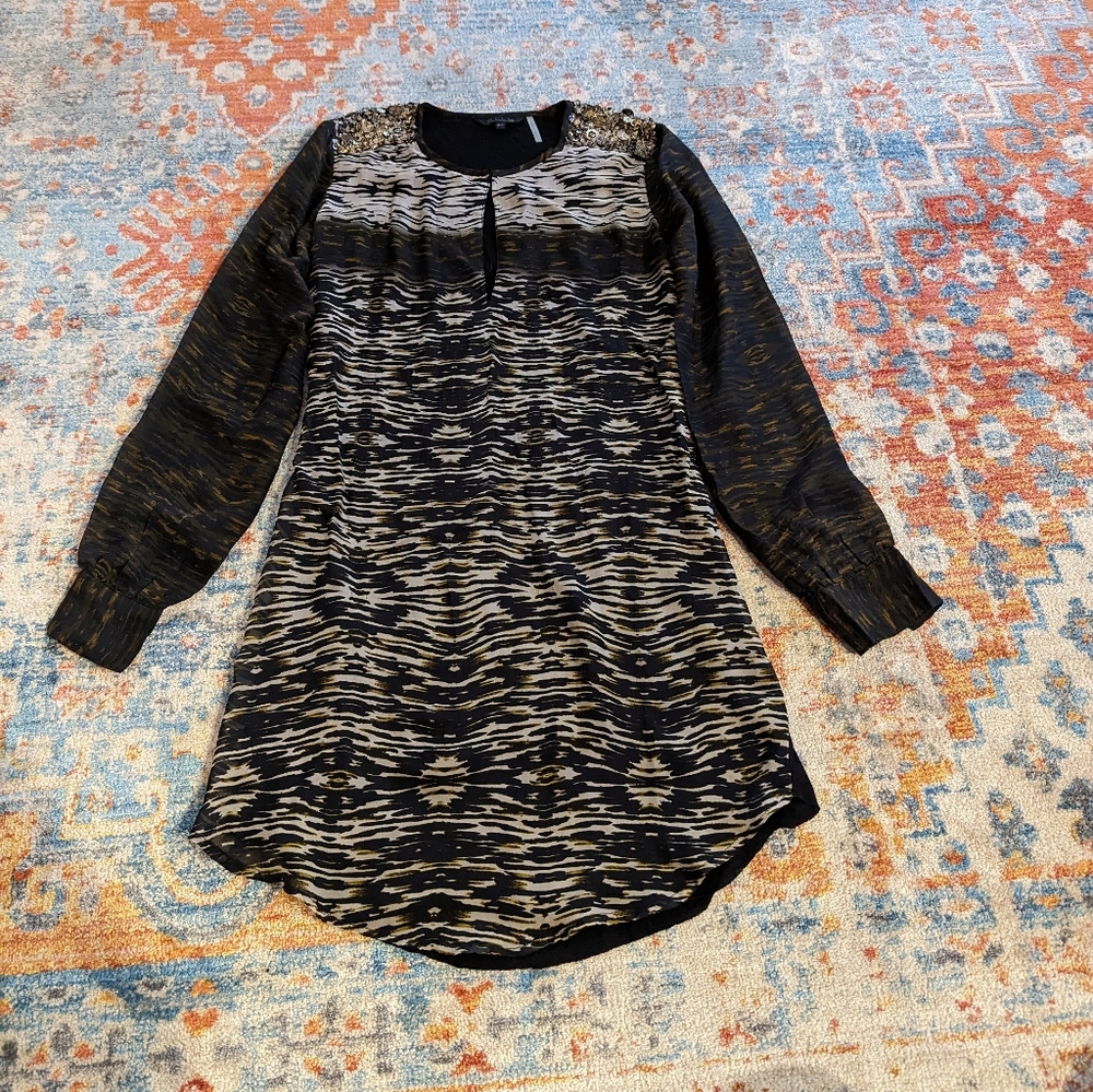BABAKUL Womens XS Silk Tunic Blouse Top Mixed Print Bead Embellish Shoulders 132